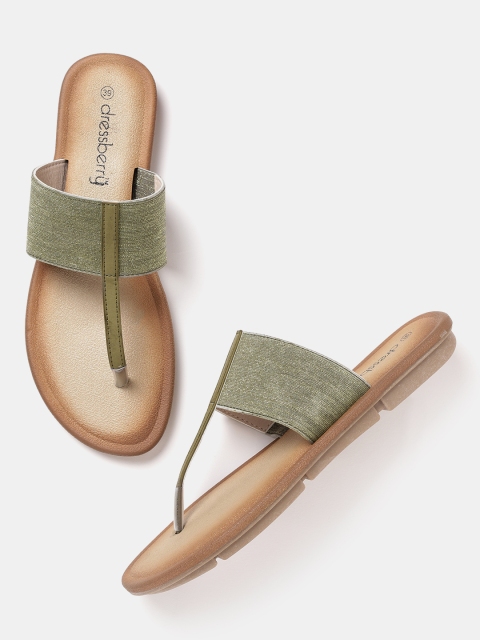 

DressBerry Women Olive Green Solid T-Strap Flats