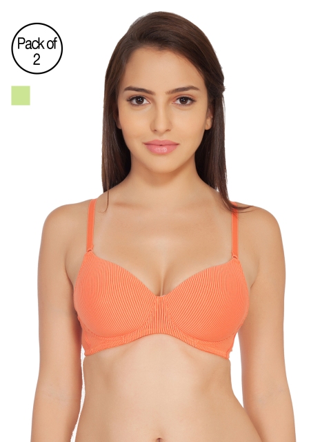 

Soie Women Pack of 2 Padded Underwired T-Shirt Bras CB-106 COMBOPACK 1-Orange Lime Green