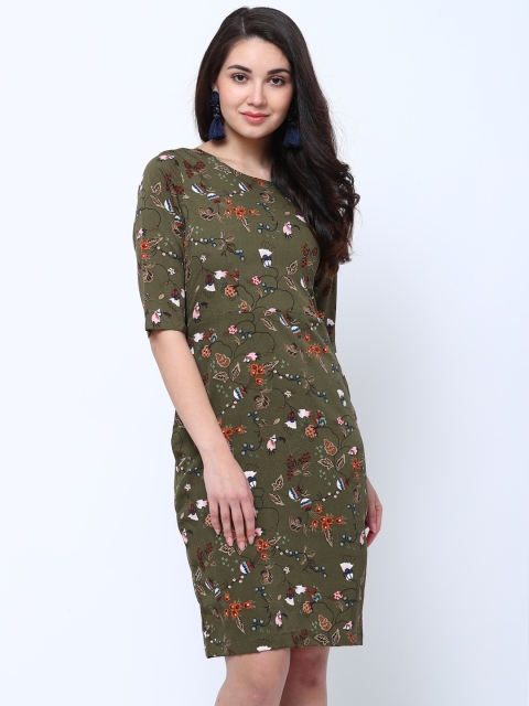 

Tokyo Talkies Women Olive Green & Blue Printed Sheath Dress