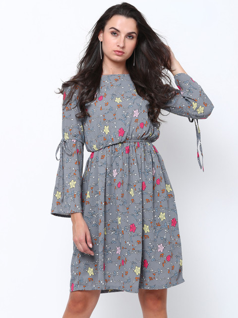 

Tokyo Talkies Women Grey & Pink Printed Blouson Dress