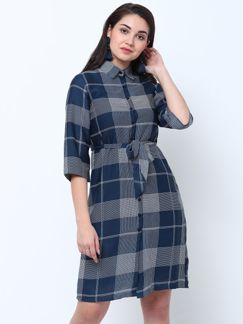 

Tokyo Talkies Women Navy Blue & Grey Checked Shirt Dress