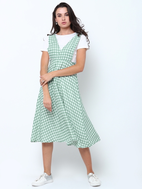 

Tokyo Talkies Women White & Green Gingham Pinafore Dress