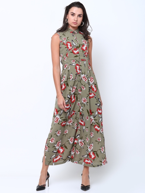 

Tokyo Talkies Women Olive Green & Red Printed Maxi Dress