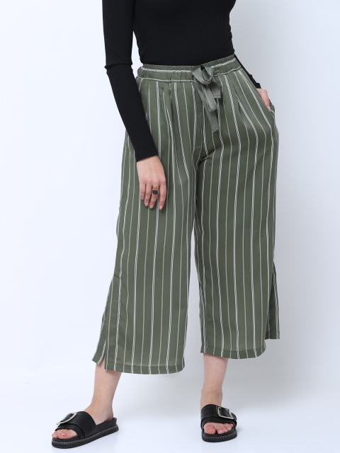 

Tokyo Talkies Women Olive Green & Off-White Striped Straight Palazzos