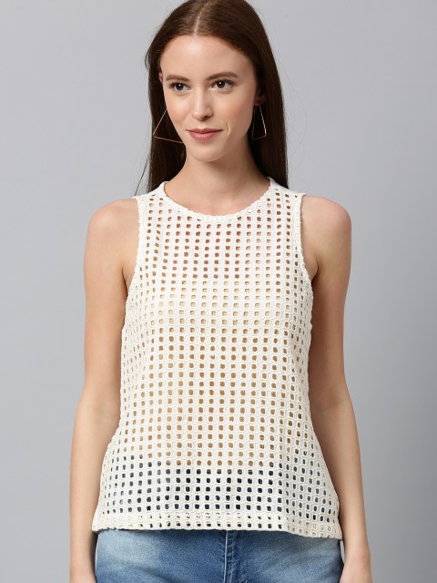 

Chemistry Women Off-White Schiffli Embroidered Sheer Top