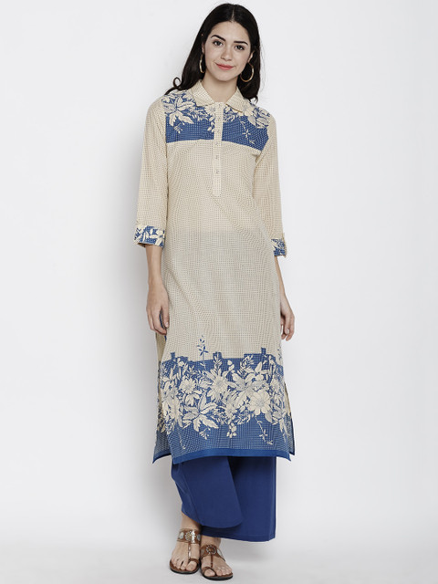 

RARE ROOTS Women Yellow & Blue Printed Straight Kurta