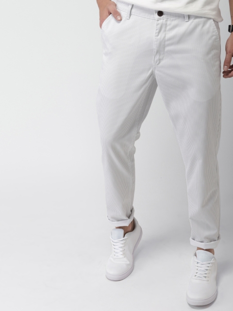 

Mast & Harbour Men White & Grey Slim Fit Striped Regular Trousers