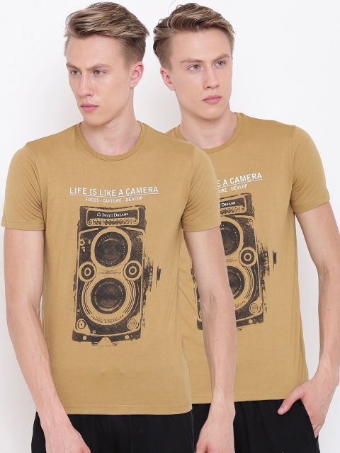 

Sweet Dreams Men Pack of 2 Mustard Brown Printed Round Neck Lounge T-shirt