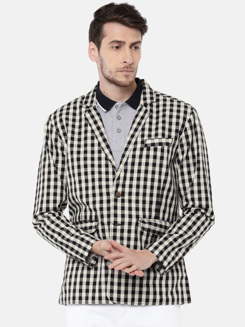 

FIFTY TWO Off-White & Black Checked Single-Breasted Casual Blazer