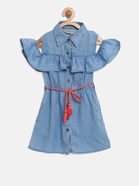 

Gini and Jony Girls Blue Solid Chambray Cold-Shoulder Shirt Dress