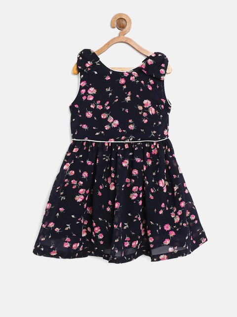 

Gini and Jony Girls Navy & Pink Printed Fit & Flare Dress, Navy blue
