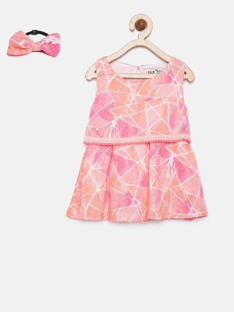 

Palm Tree Girls Peach-Coloured Printed Layered A-Line Dress