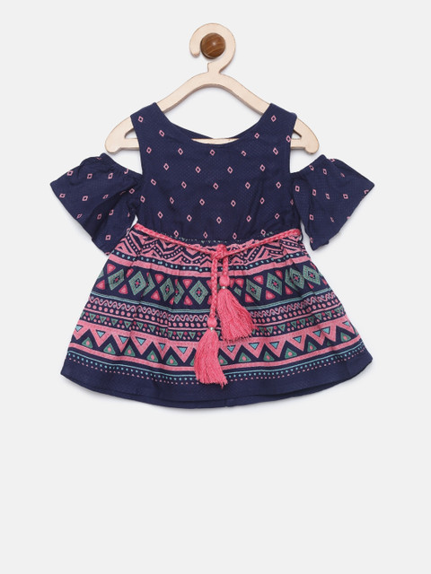 

Palm Tree Girls Navy Printed Cold-Shoulder Fit and Flare Dress, Navy blue