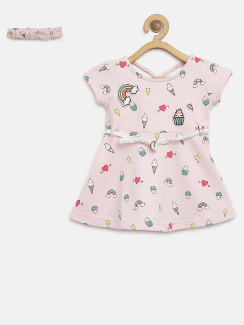

Palm Tree Girls Pink Printed Fit and Flare Dress with Belt & Hairband