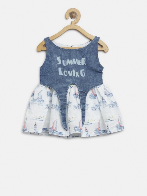 

Palm Tree Girls White & Blue Printed Layered Fit and Flare Dress