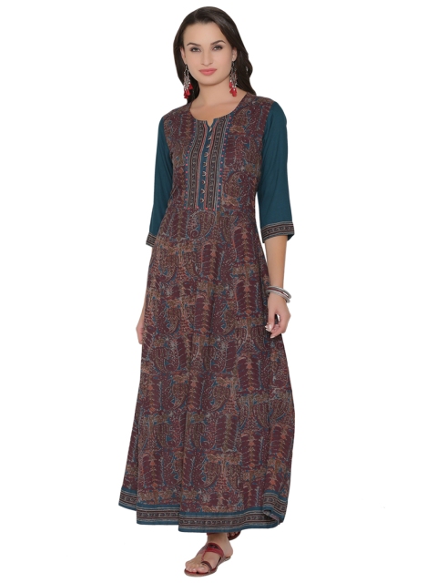 

Shree Women Burgundy & Teal Green Printed Maxi Dress