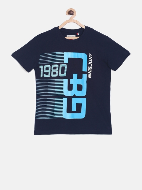 

Gini and Jony Boys Blue Printed Round Neck T-shirt, Black
