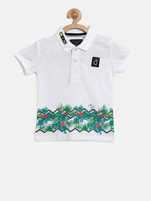 

Gini and Jony Boys White Printed Applique Polo Collar T-shirt