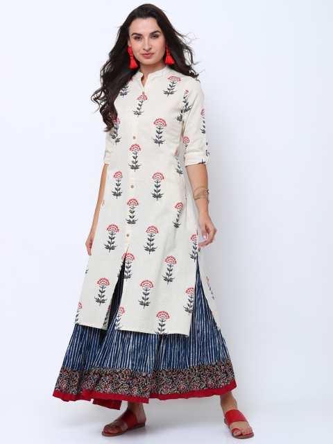 

Vishudh Women White & Grey Printed A-Line Kurta