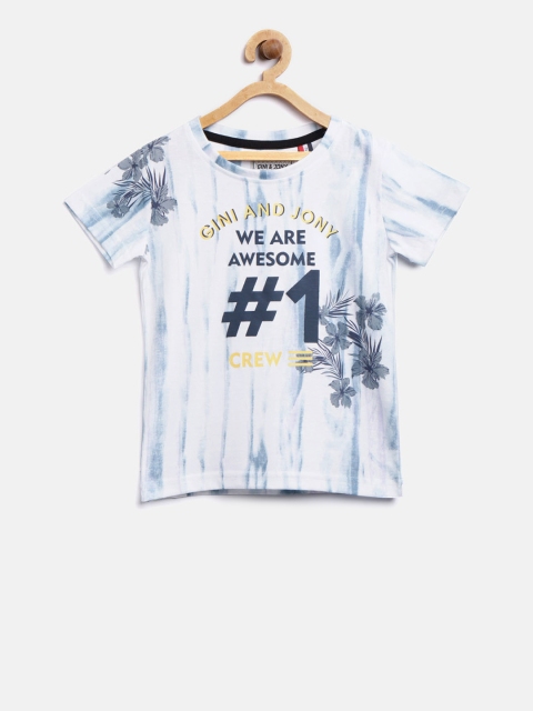 

Gini and Jony Boys White & Blue Printed Round Neck T-shirt