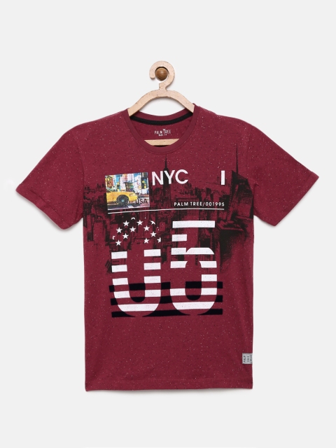 

Palm Tree Boys Maroon Printed CR RAMB Round Neck T-shirt