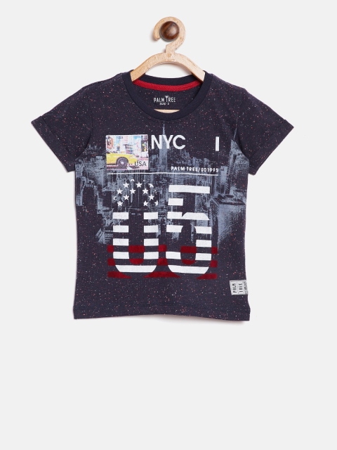 

Palm Tree Boys Navy Blue Printed Round Neck T-shirt with Speckled Effect