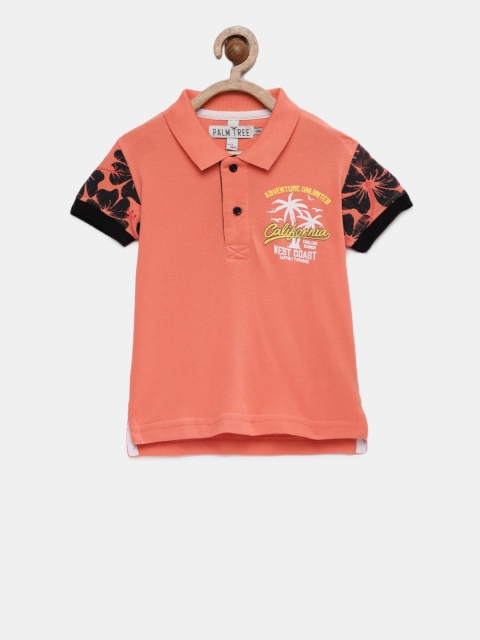 

Palm Tree Boys Peach-Coloured Printed Polo Collar T-shirt