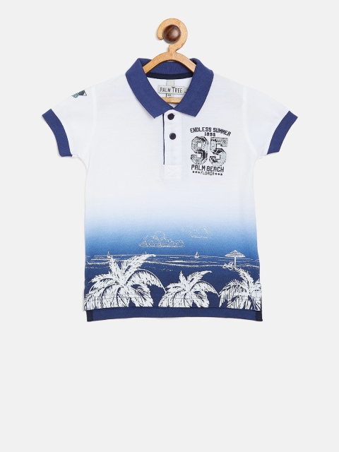 

Palm Tree Boys White & Blue Printed Polo Collar T-shirt