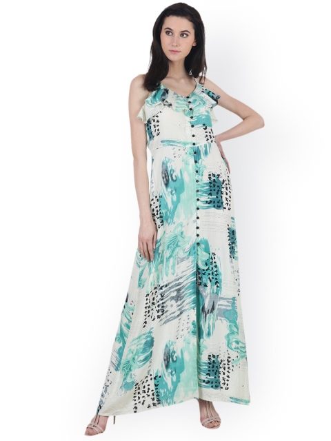 

SCORPIUS Women Off-White & Green Printed Maxi Dress
