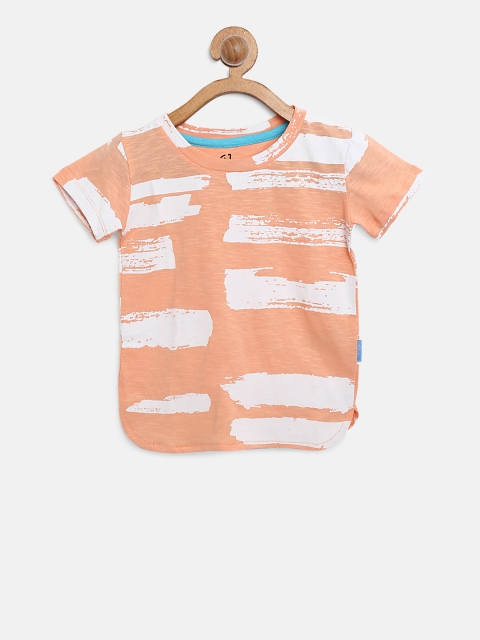 

Gini and Jony Boys Peach-Coloured White Printed Round Neck Pure Cotton T-shirt