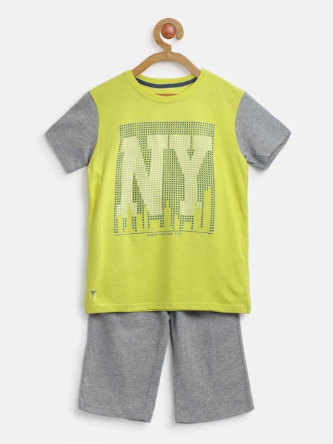 

Palm Tree Boys Lime Green & Grey Melange Printed T-shirt with Shorts