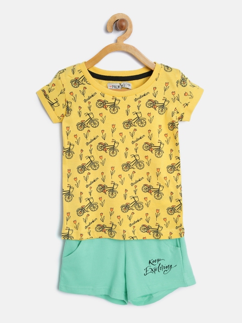 

Palm Tree Girls Yellow & Sea Green Printed T-shirt with Shorts