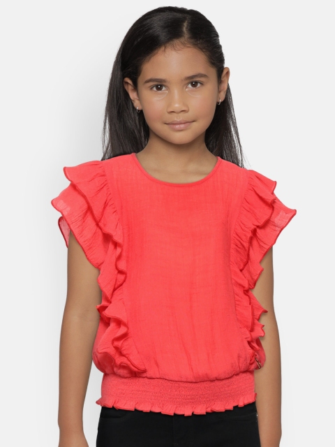 

Gini and Jony Girls Red Solid Ruffled Blouson Top