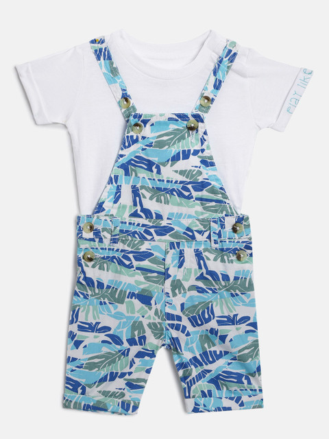 

Gini and Jony Boys White & Blue Printed RF KIRA Dungarees with Tshirt
