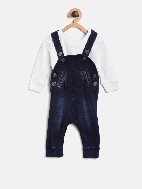 

Gini and Jony Girls White & Navy Blue Solid T-shirt with Washed Denim Dungarees