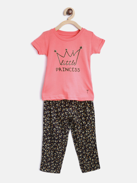 

Palm Tree Girls Pink & Black Printed T-shirt with Pyjamas