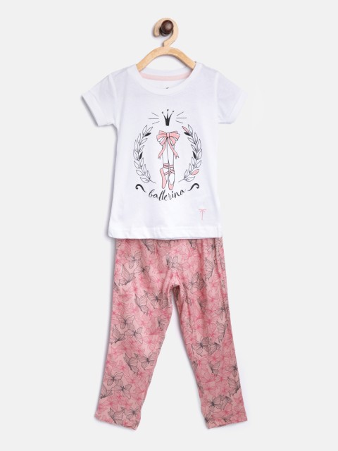 

Palm Tree Girls White & Pink Printed T-shirt with Pyjamas