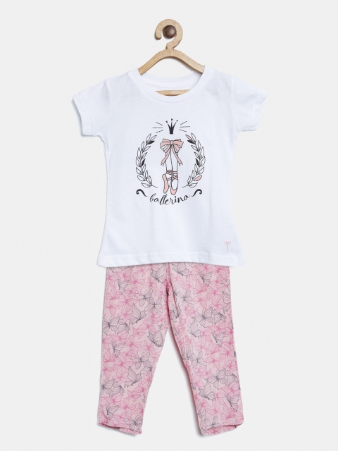 

Palm Tree Girls White & Pink Printed T-shirt with Pyjamas