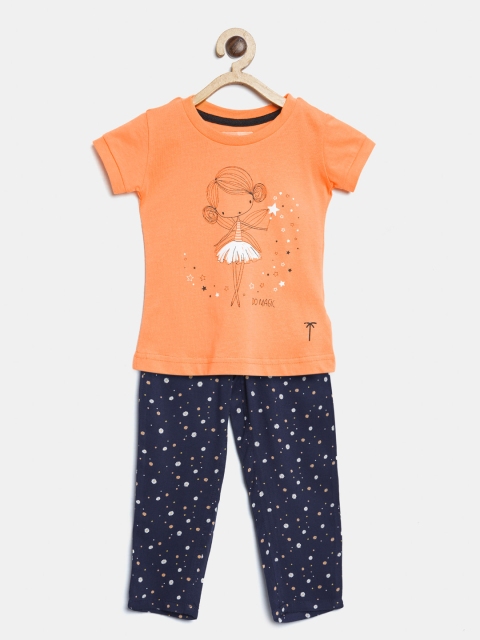 

Palm Tree Girls Orange & Navy Blue Printed T-shirt with Pyjamas
