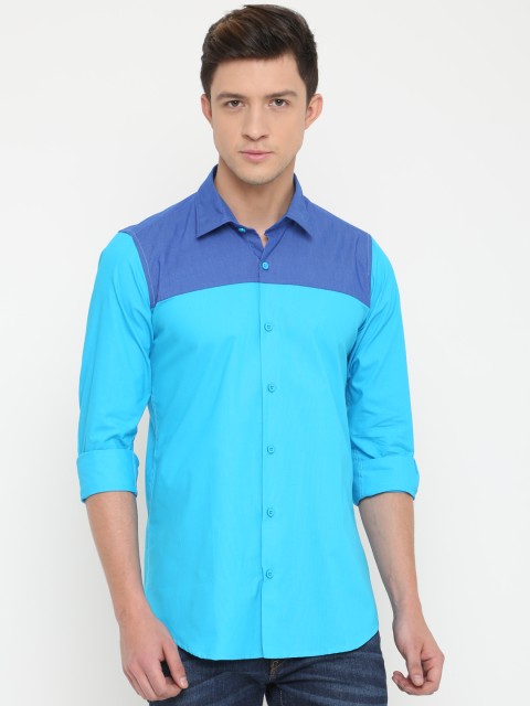 

Cross Court Men Turquoise Blue Slim Fit Colourblocked Casual Shirt