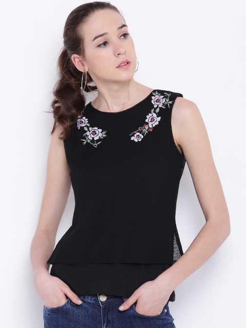 

OPt Women Black Layered Styled Back Top with Floral Embroidery