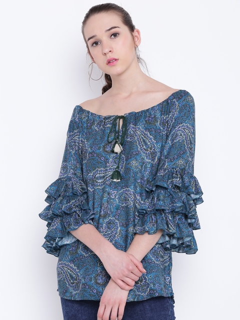 

OPt Women Teal Blue & Off-White Printed Top