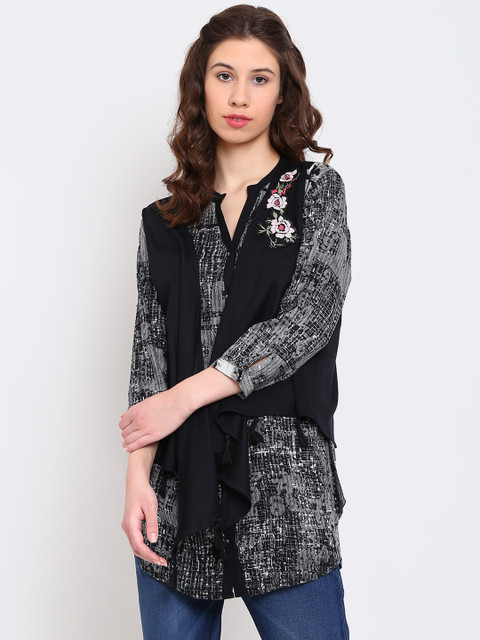 

OPt Women Black & Off-White Printed Casual Shirt with Jacket