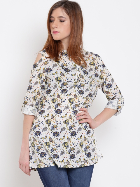 

OPt Women Off-White & Blue Printed Cold-Shoulder Top