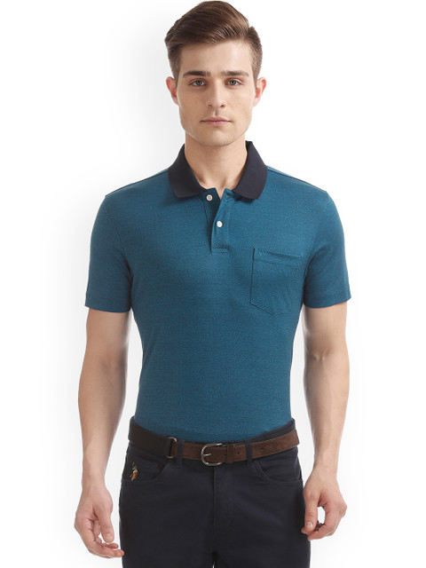 

Arrow Men Blue Self Design Polo Collar T-shirt