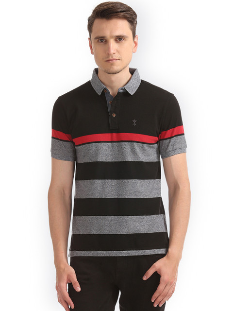 

Arrow Blue Jean Co. Men Black Striped Polo Collar T-shirt