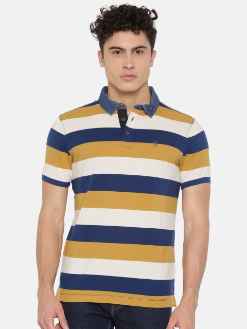 

Arrow Blue Jean Co. Men Yellow & Navy Blue Solid Polo Collar T-shirt