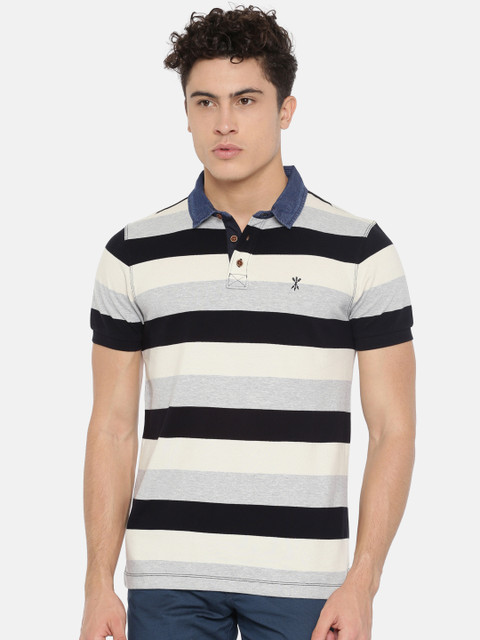

Arrow Blue Jean Co. Men Grey & Black Striped Polo Collar T-shirt