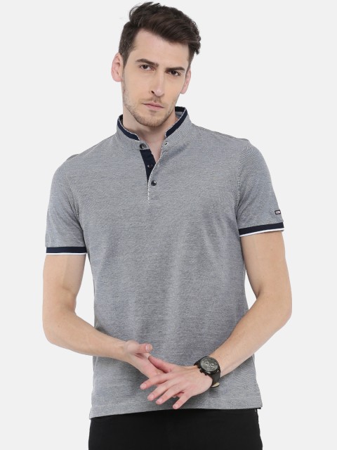 

Arrow Sport Men Navy & White Self Design Mandarin Collar T-shirt, Navy blue