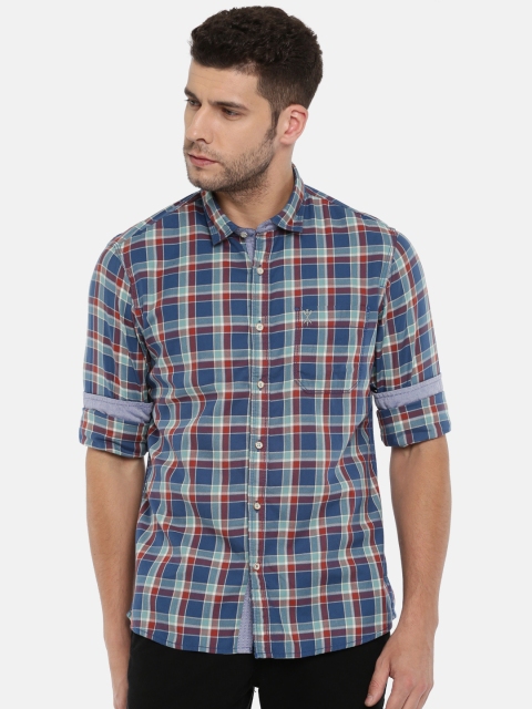 

Arrow Blue Jean Co. Men Blue & Rust Brown Slim Fit Checked Casual Shirt